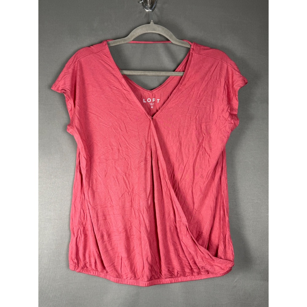 LOFT Surplice Wrap Top Womens Size M Coral Pink Bar Back Short Sleeve Blouse